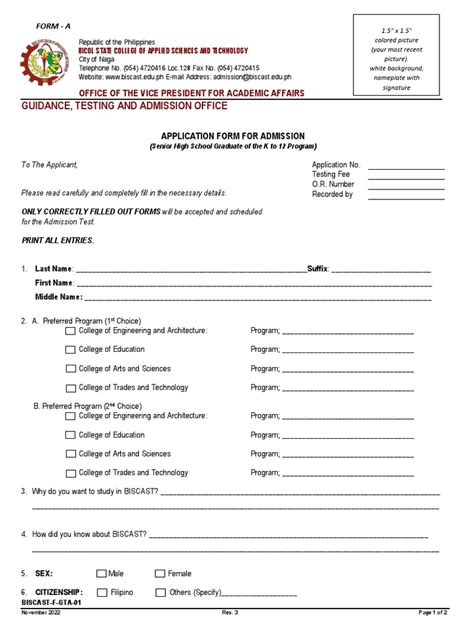 biscast admission|FORM A Sa Biscast .
